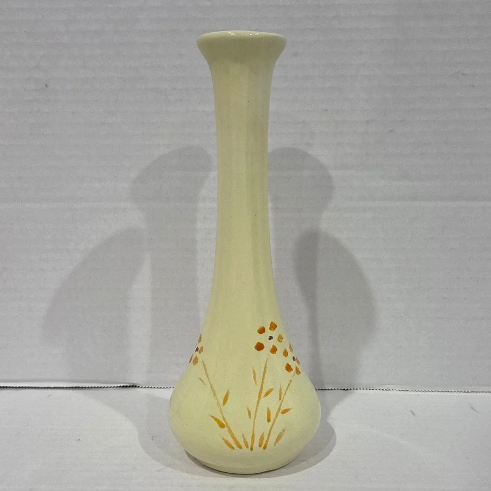 Vintage Mexico Ceramic Bud Vase Hand Painted Floral Cream yellow 8.5 Inch Tall